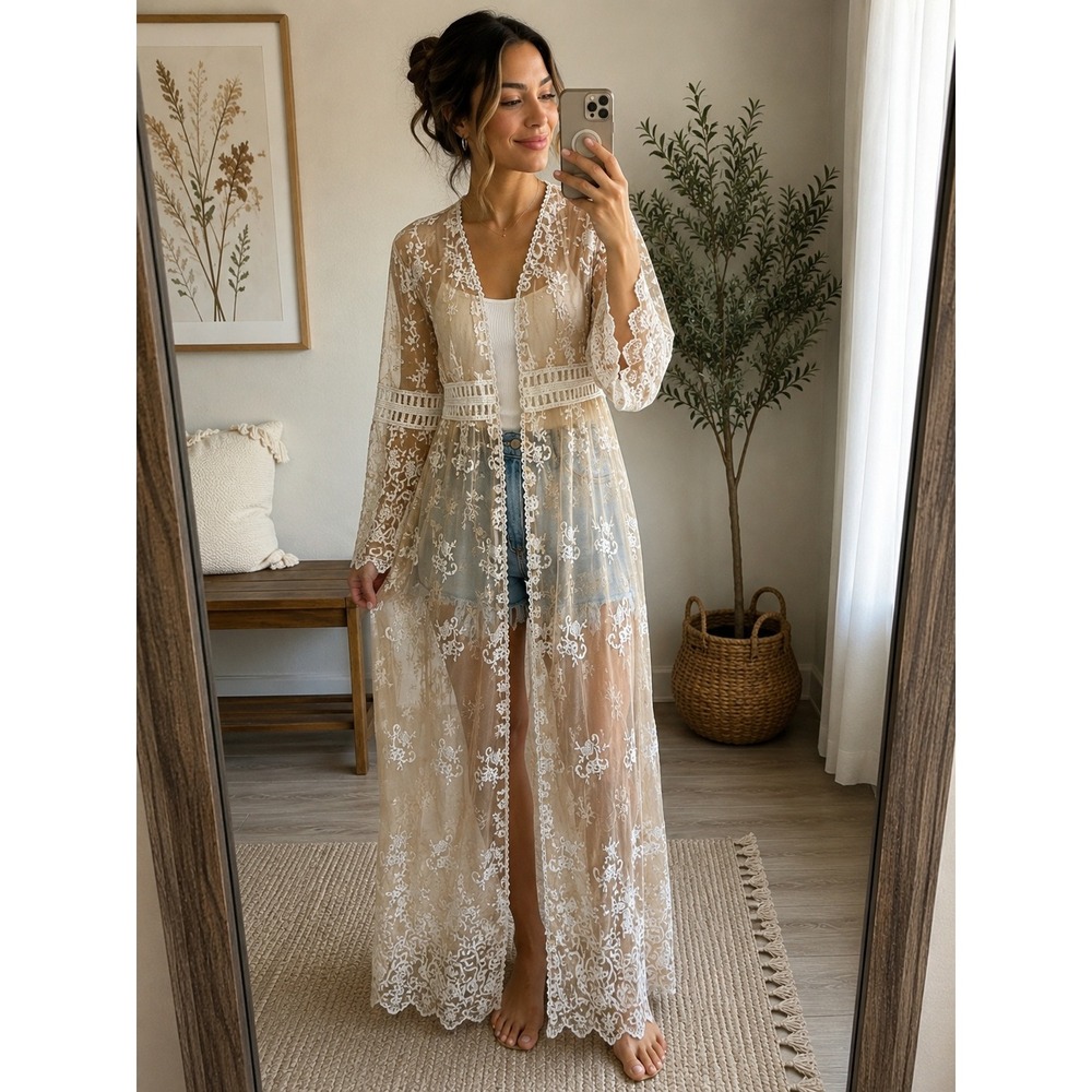 Forever 21 Sheer Lace Long Cardigan Duster in Cream
